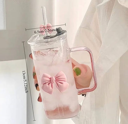 400ml Bow Coffee Glass with Straw and Lid