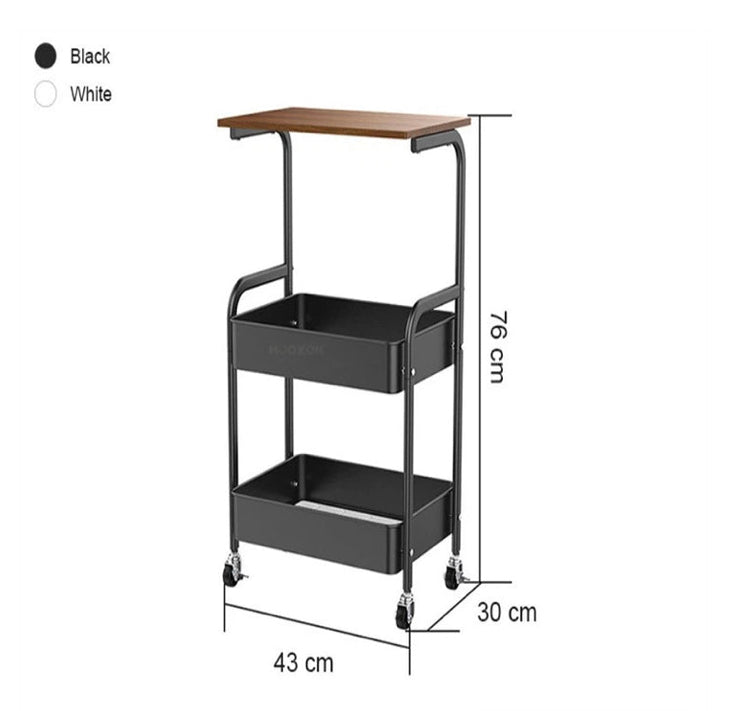 3 Tier Metal Rolling Cart Trolley with Wooden Top