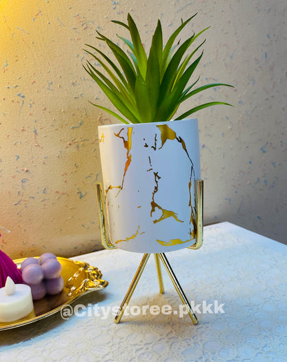 New Cermaic Flower Pot with Metal Golden Stand Showpiece for Home Decoration