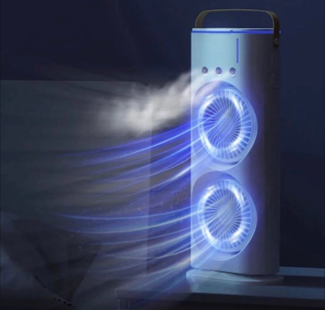 Rechargeable Rotating Spray Fan Automatic Rotating Dual Double Spray Mist Fan with Lightening Effects