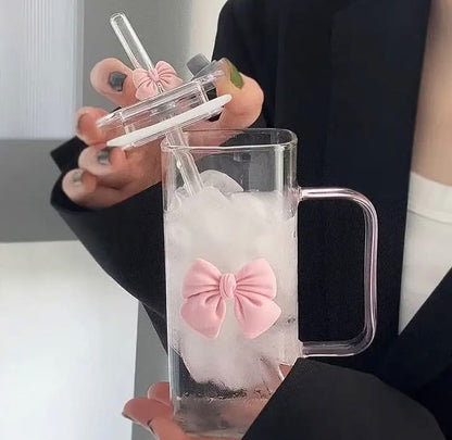 400ml Bow Coffee Glass with Straw and Lid