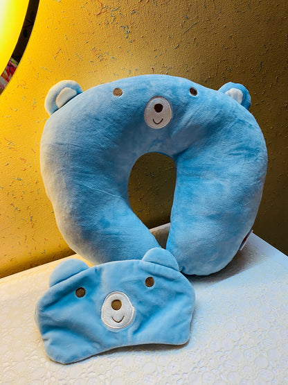 Blue Bear Neck Pillow with Sleeping Eye Mask