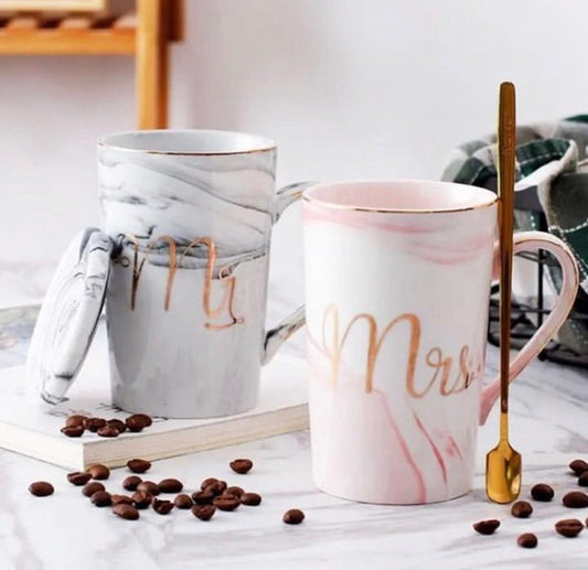 Mr & Mrs Couple Mugs Set with Spoons & Lids with Gift Box Packing