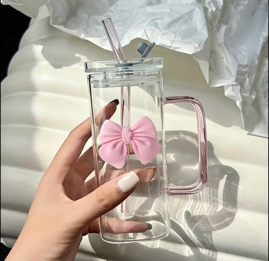 400ml Bow Coffee Glass with Lid and Straw