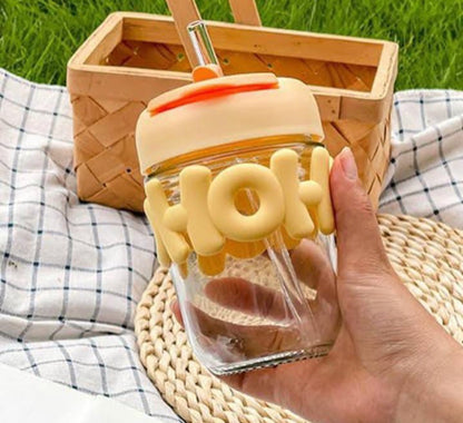 350 ml Cute Coffee Cup Glass with Lid and Straw