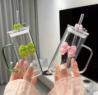 400ml Bow Coffee Glass with Straw and Lid