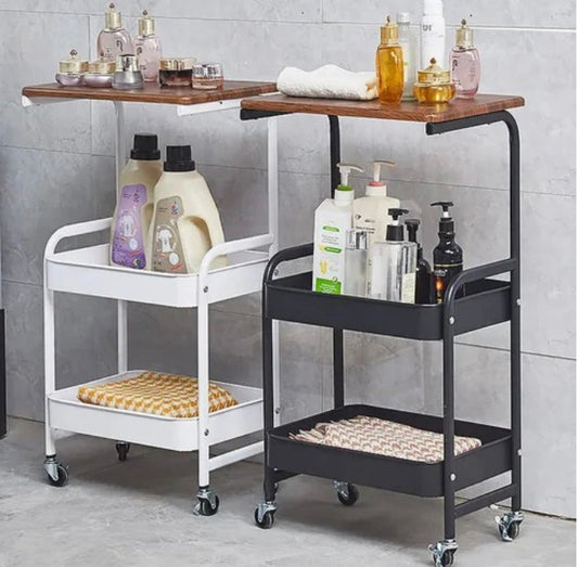 3 Tier Metal Rolling Cart Trolley with Wooden Top