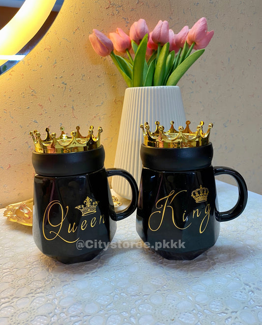 New King & Queen Crown Couple Mugs Set With Gift Box Packaging