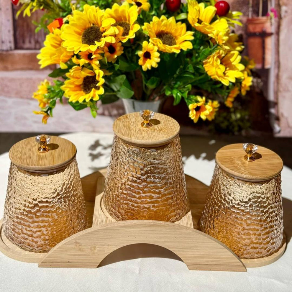 3 Pcs Storage Jars Set with Wood Stand