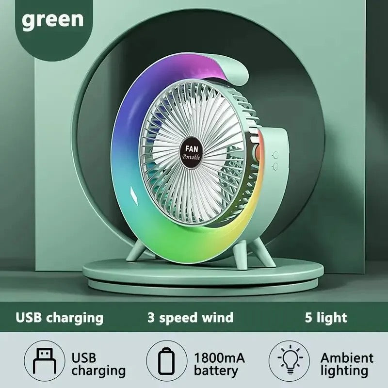 5 Colours Changeable 360 Rotatable Rechargeable Fan