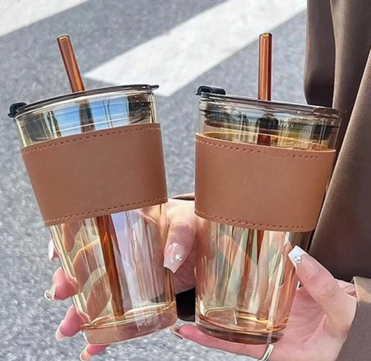 450ml Coffee Glass with Lid and Straw