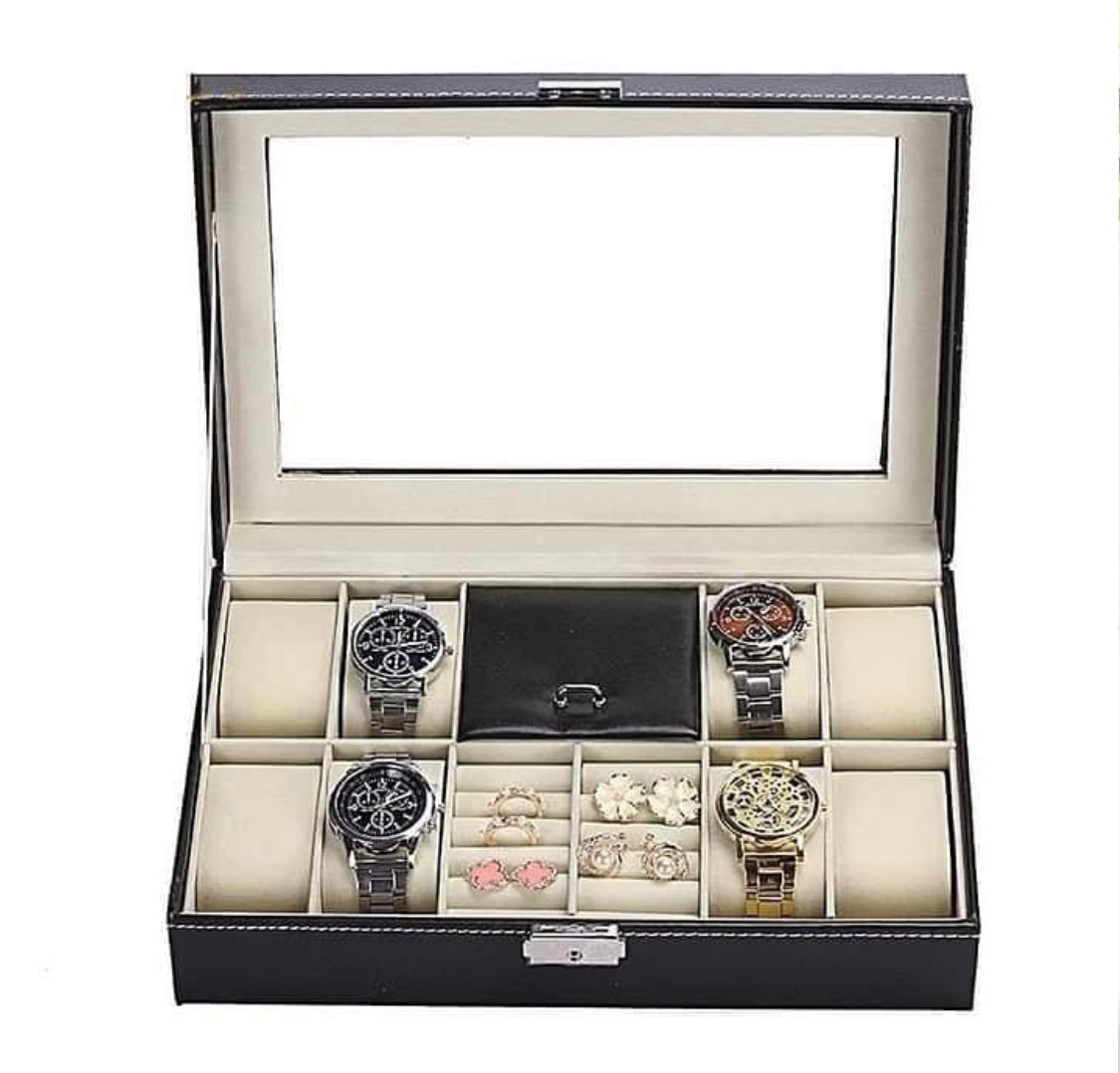 8 Slot Watch+Ring Organizer Leather Watch Box with Lock System