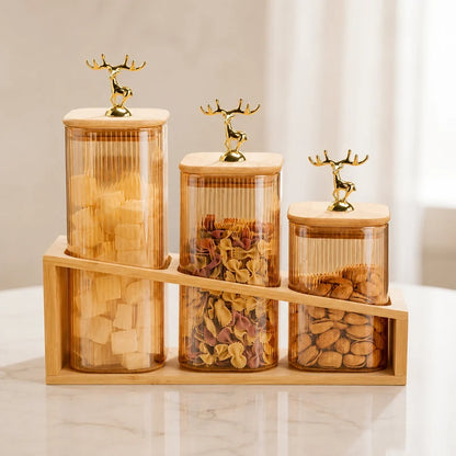3 Pcs Glass Jars Set with Wooden Stand