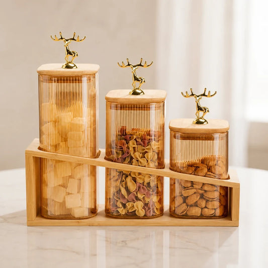 3 Pcs Glass Jars Set with Wooden Stand