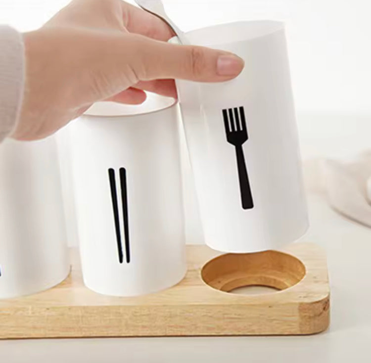 3 Pcs Cutlery Holder with Wooden Tray