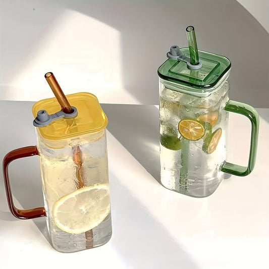 Square Coffee Glass with Lid and Straw