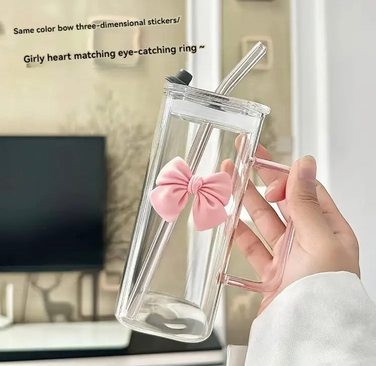 400ml Bow Coffee Glass with Lid and Straw