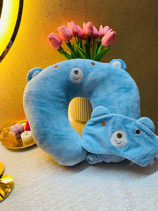 Blue Bear Neck Pillow with Sleeping Eye Mask