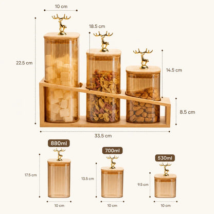 3 Pcs Glass Jars Set with Wooden Stand