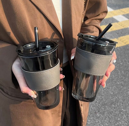 450ml Coffee Glass with Lid and Straw