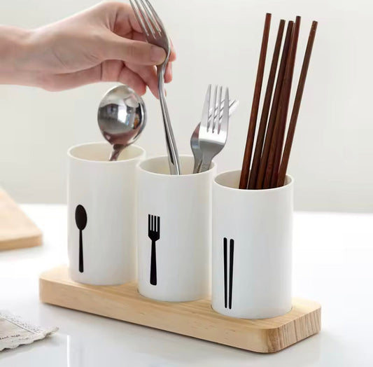 3 Pcs Cutlery Holder with Wooden Tray