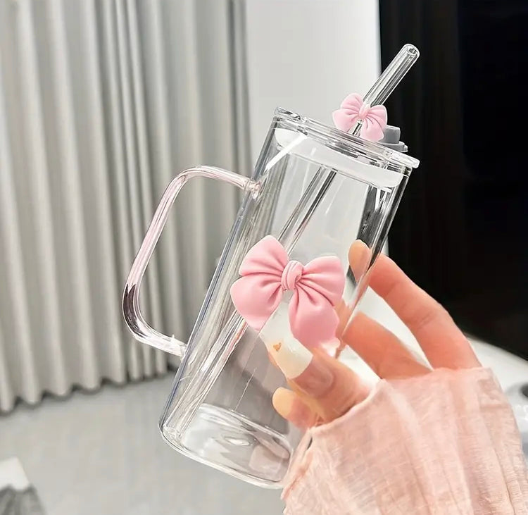 400ml Bow Coffee Glass with Lid and Straw