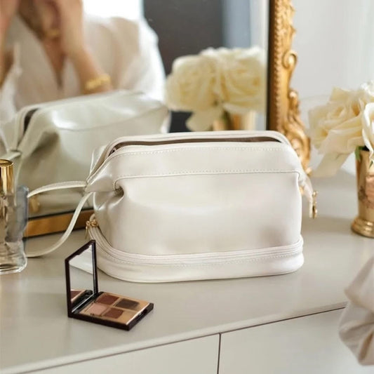 Double Zip Leather Makeup Bag