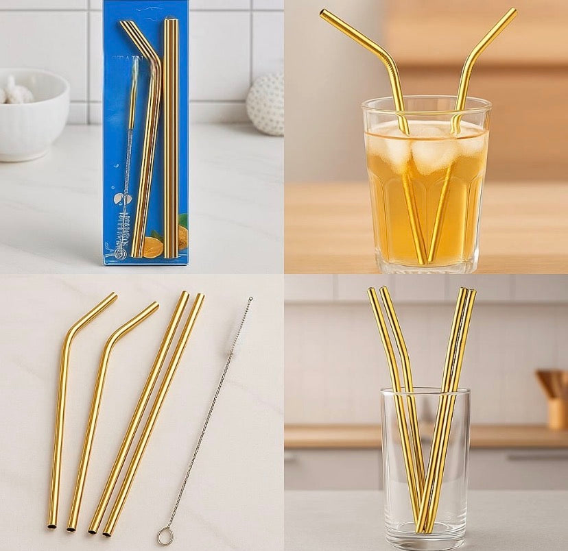 5 Pcs Golden Steel Straws Set