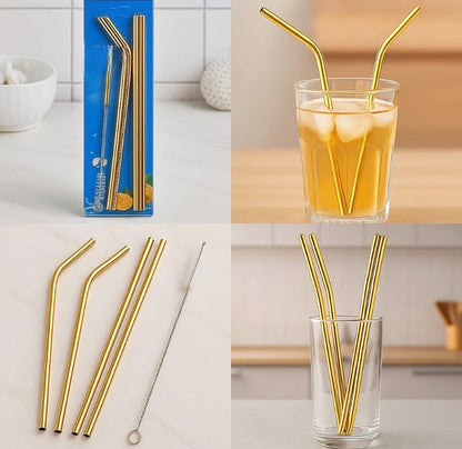 5 Pcs Golden Steel Straws Set