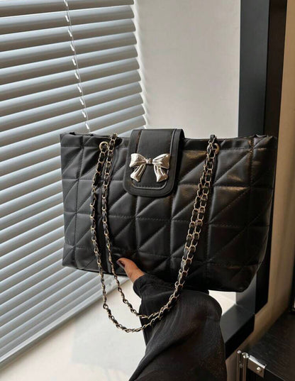 Bow Quilted Black Tote Bag