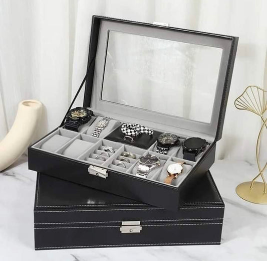 8 Slot Watch+Ring Organizer Leather Watch Box with Lock System