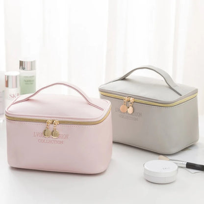 3 Pcs Leather Makeup Pouch Set  (Pink, Golden & Silver)