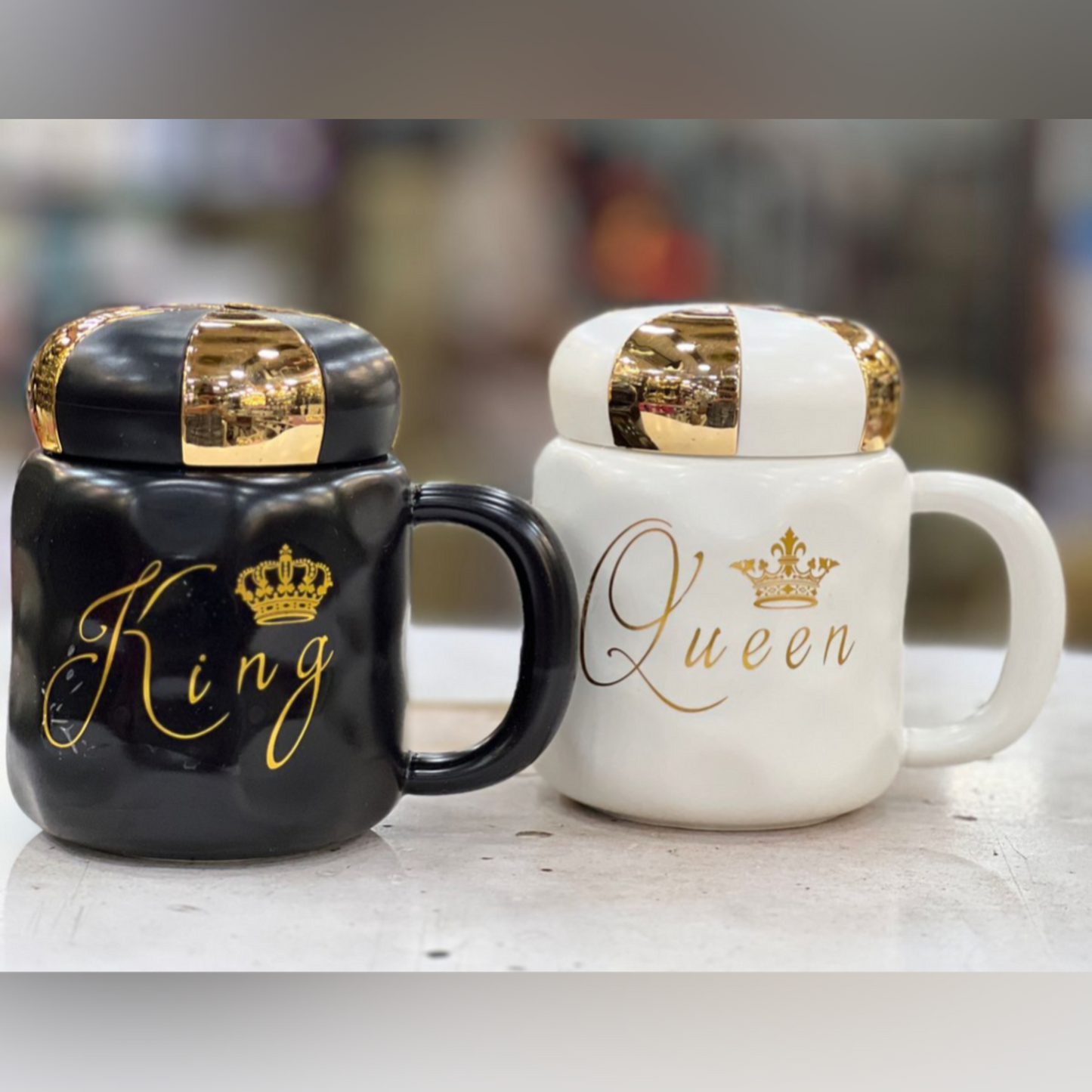 King & Queen Couple Mugs Set with Lid