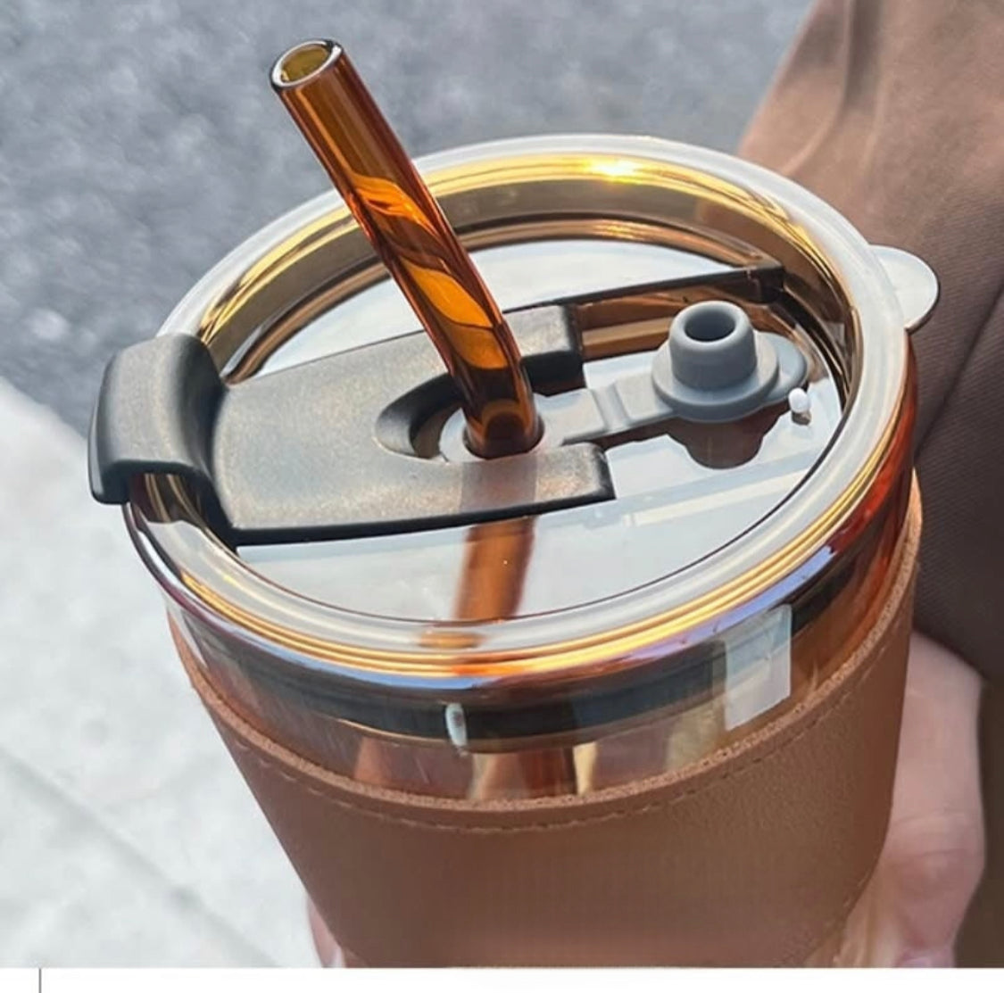 450ml Coffee Glass with Lid and Straw