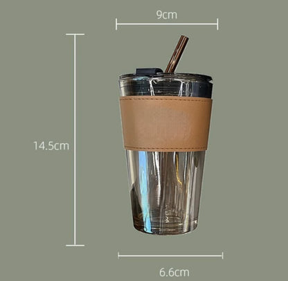 450ml Coffee Glass with Lid and Straw