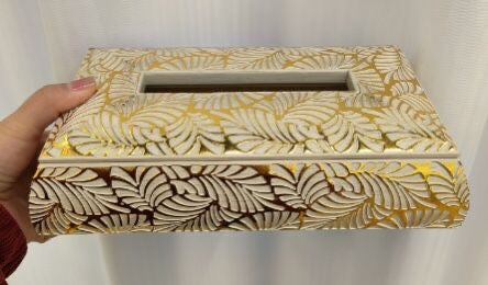 Fancy Levae Design White Golden Tissue Box For Home And Office Tables