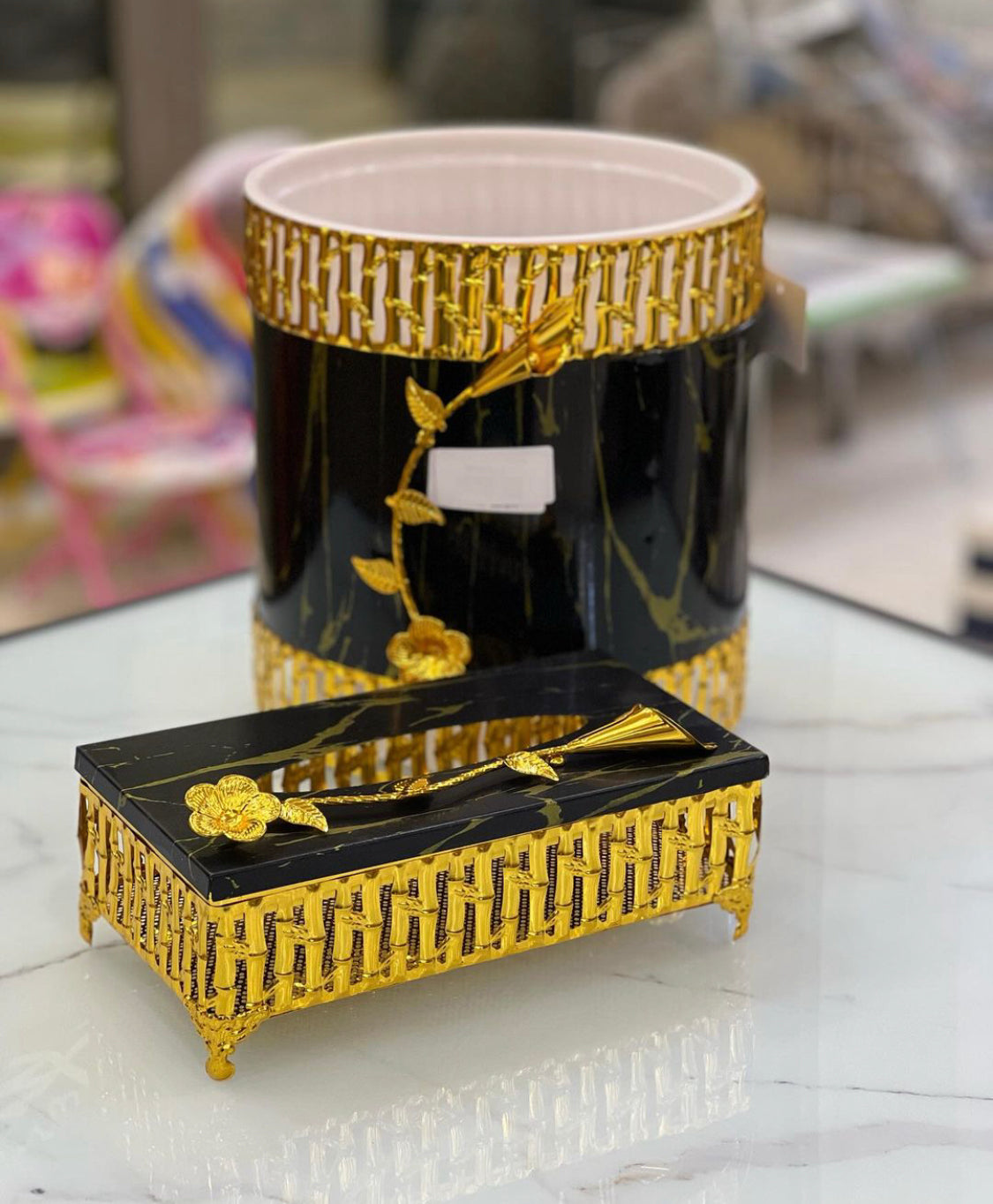 Black and Golden Metal Dustbin Tissue Box