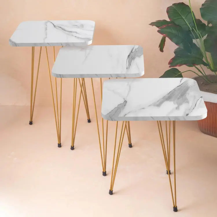 3 Pcs Square White Marble Table Set for home Decor