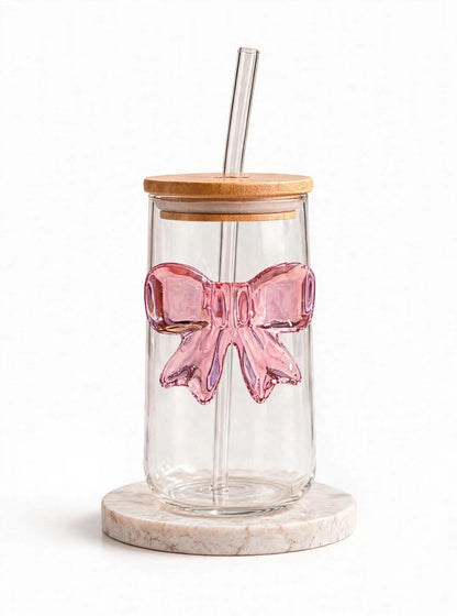 Bow Design Coffee Glass with Lid and Straw