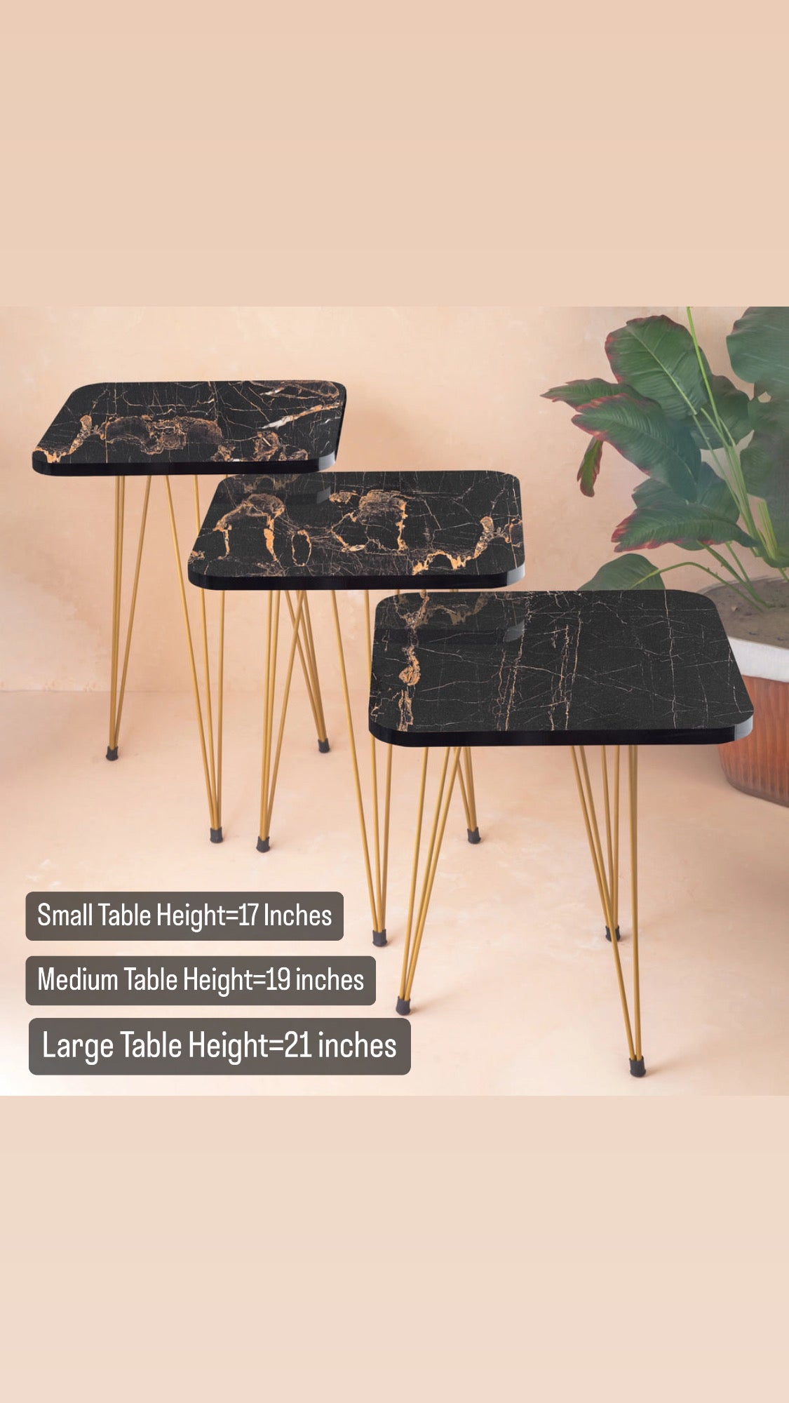 3 Pcs Square Black Marble Table Set for home Decor