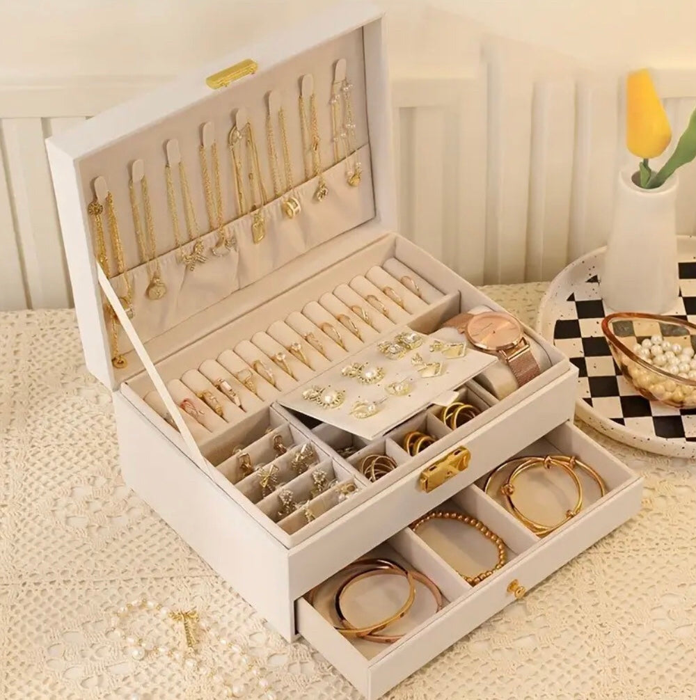 Quilted Leather Jewellery Box with Drawer Organizer