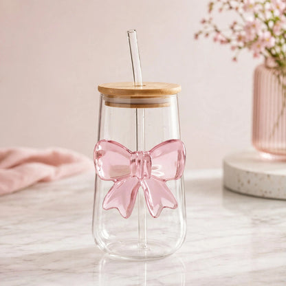 Bow Design Coffee Glass with Lid and Straw