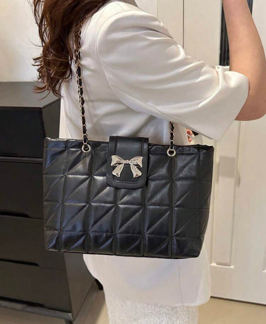 Bow Quilted Black Tote Bag