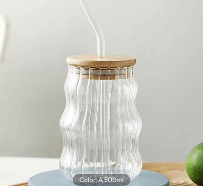 500 ml Wavy Shape Coffee Glass with Wooden Lid  and Straw