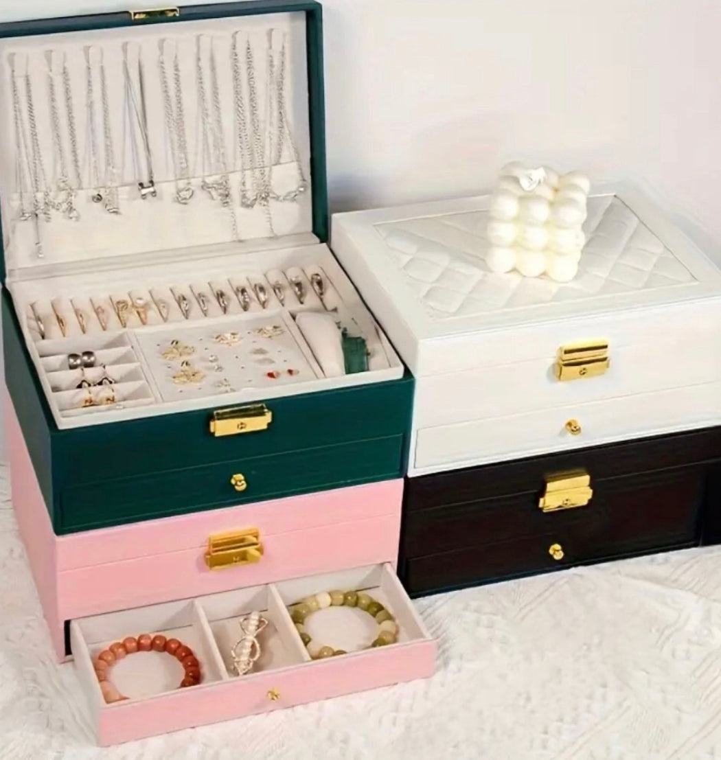 Quilted Leather Jewellery Box with Drawer Organizer