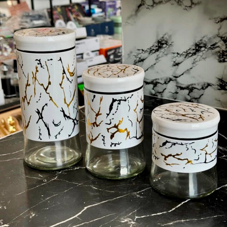 3 Pcs White Marble Storage Jars Set