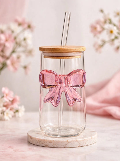 Bow Design Coffee Glass with Lid and Straw