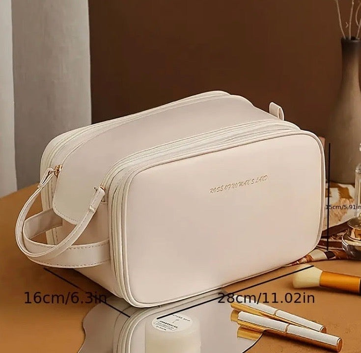 Large Capacity Double Zip Leather Cosmetic Bag