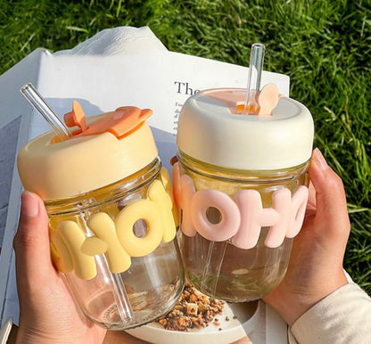 350 ml Cute Coffee Cup Glass with Lid and Straw