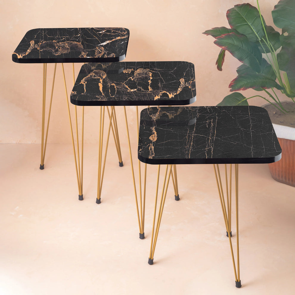 3 Pcs Square Black Marble Table Set for home Decor